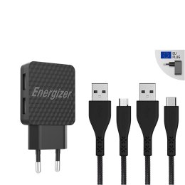 Energizer HardCase - Ładowarka sieciowa 2x USB-A 12W + Kabel USB-C & Micro USB (Czarny)